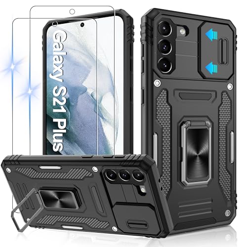 Jshru Hülle für Samsung Galaxy S21 Plus Handyhülle Kameraschutz mit 2 Stück Schutzfolie Militärstandard Stoßfest Schutzhülle 360 Metall Ring Ständer Case für Galaxy S21 Plus Schwarz