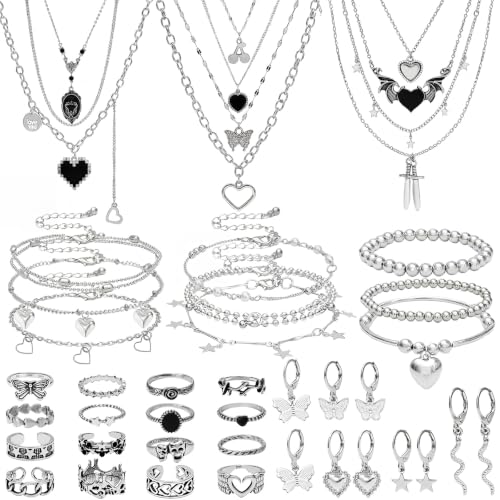 Image of NEWITIN 45 Pieces Silver Jewelry Set for Women Party Costume Punk Jewelry Set Goth Grunge Y2k Accessories Vintage Gothic Necklaces Bracelets Earrings Rings for Women Men