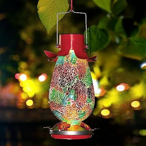 MKLZ LED Solar Hummingbird Feeder for Outdoors 40 oz, Glass Mosaic Hanging Humming Bird Nectar Bottle with 4 Flower Feeding Stations for Outside,Garden Decoration Waterproof Solar Light Cover