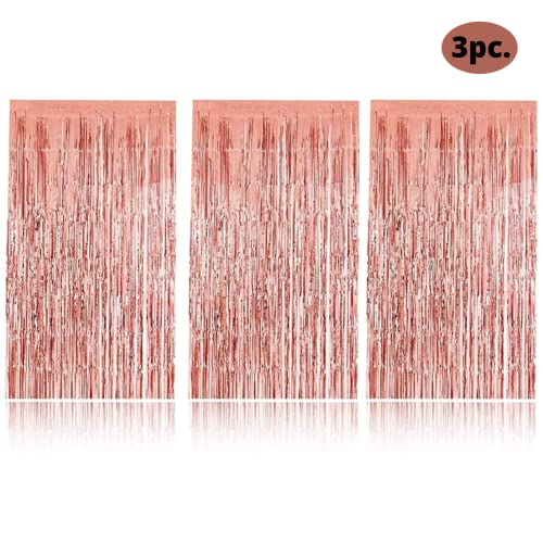 Image of 3 ft X 6 ft 10 inches Rose Gold Metallic Foil Fringe Curtains for Anniversary /Birthday /House Party (3pc Rose Gold Metallic Tinsel Foil Fringe Curtains)