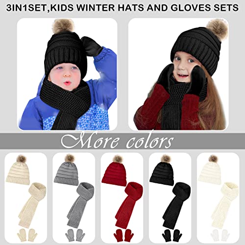 Image of Hicdaw Kids Winter Hats Gloves Scarf Set Baby Mittens Gloves with Pompom Baby Winter Hat Toddler Beanie Hat for Boy Girl