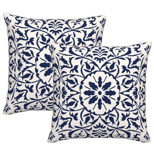 Image of DILOXNSU Set of 2 Navy Blue Boho Cushion Cover 45 x 45 Bohemian Geometric Modern Decor Square Linen Pillow Case for Sofa Bed Couch Outdoor Cushions Covers 18 x 18 Inch