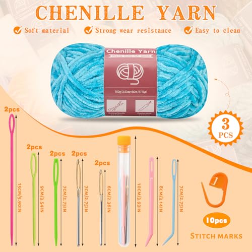 Image of LUNARM Chenille Yarn 3 Pack 3.5oz Chunky Blanket Velvet Yarn 263 Yard | Blue Chunky Chenille Yarn for Beginners Crocheting Hand Knitting Scarves with Big Eye Needles Machine Washable