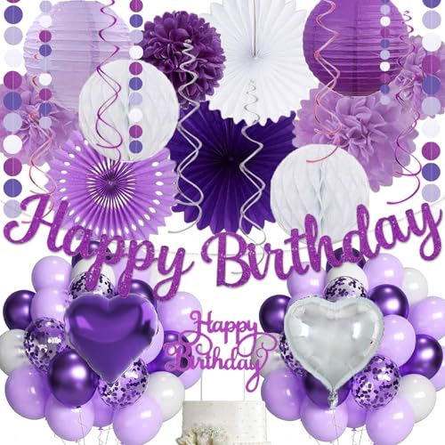 Image of Purple Birthday Decorations for Women Girls,Happy Banner,Lilac Paper Lanterns Tissue Pom Poms Flower Fan,Purple White Balloon Decor For 40th 50th Anniversary Princess Backdrop Party Supplies