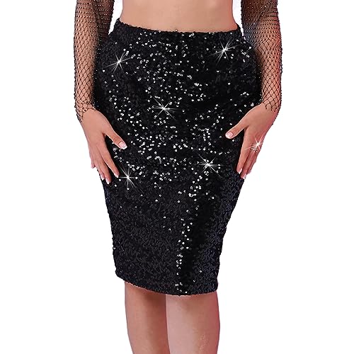 Vijiv Women's Sequin Midi Pencil Skirt - High Waist, Stretchy, Side Slit, Sparkle Party Skirt
