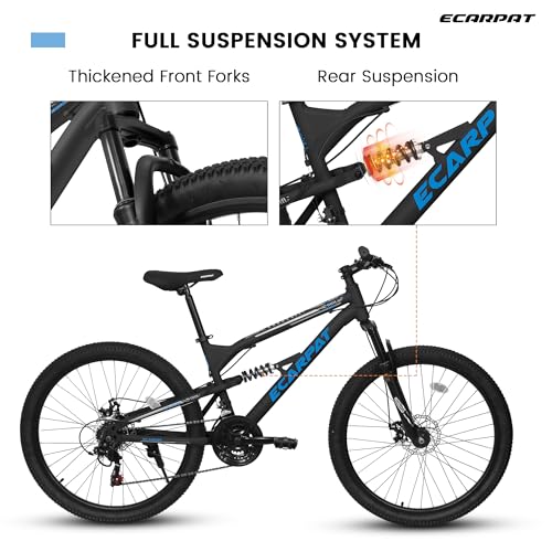 Image of Ecarpat 24 /26 /27.5 Inch Mountain Bike, Full /Front Suspension Mens Boys Mountain Bike with 21 Speed Steel Frame and Dual Disc Brakes, Adult Sport Bicycle for Trail City Road, Gift Choice