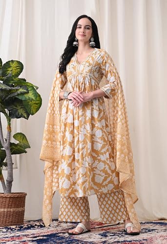 Image of MEERA FAB Alia Cut Kurta Palazzo and Dupatta Set,Pure Cotton, with Embroidery, Block Print
