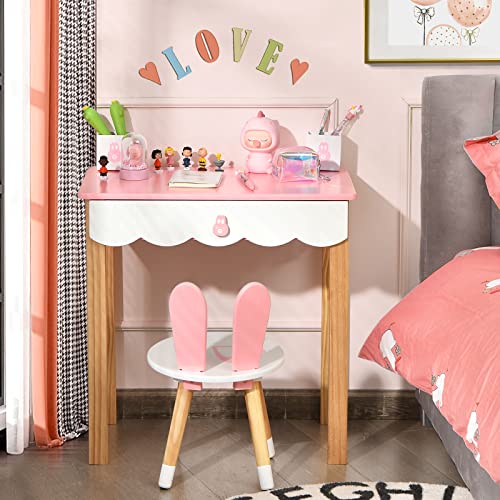 Costzon Kids Vanity Set With Mirror, 2 In 1 Princess Makeup Dressing Table W/Detachable Top, Toddler Vanity With Chair, Drawer & Solid Wood Legs, Pretend Play Vanity Set For Little Girls (Pink) #TOP6