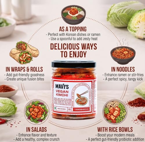 Image of MAVI's Veg Kimchi | Korean Cabbage Kimchi | Artisanal Probiotic Pickle | Vegan | No Preservatives, No Artificial Flavour or Colour | Pack of 1 (200g)