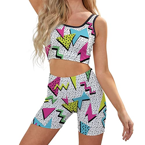LOGMOR Women Yoga Vest Retro 90s Workout Outfits for Women 2 Piece, 80s Ribbed High Waist Leggings & Sports Bra Exercise Set