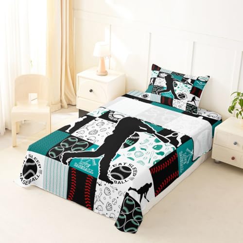Image of Castle Fairy Baseball Player Bed Sheet Set Twin Size,Sports Geometric Grid Green Sheet Set Kids Teens,Patchwork Baseball Bedding Decor Set with 1 Flat & 1 Fitted Sheet with 1 Pillow Sham