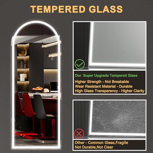 Hasipu 77 x 30 LED Full Length Mirror with Arch Design, Dimming & 3 Color Modes - Shatter-Proof for Bedroom/Cloakroom
