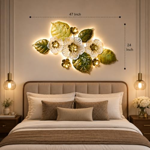 Image of Bharat Art Metal White Flower Wall Art with LED Light for Living Room | Handcrafted Iron Flower Wall Hanging Home Decoration for Bedroom, Hall, Office & Entrance | 47X2X24 | Tornado WD071 (B)