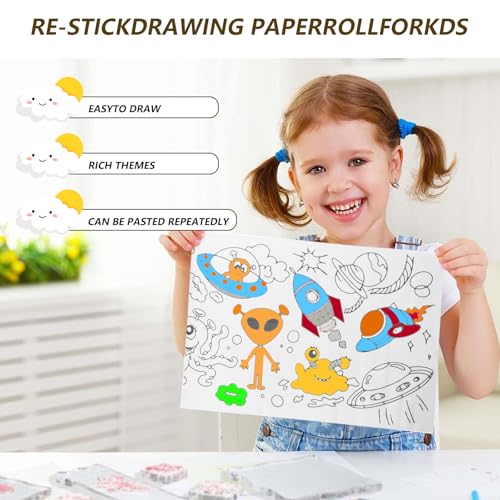 Childrens Drawing Roll, 2 Rolls Coloring Paper Rolls, Sticky Drawing Paper Roll, DIY Painting Drawing Color Filling Paper for Kids Toddler Children Gifts, 11.8" x 118", (Transportation/Space Travel)