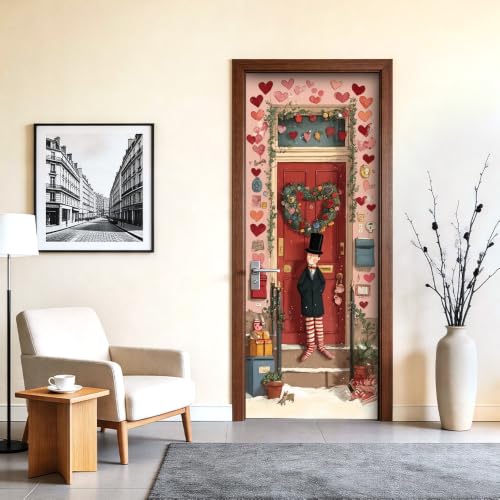 Image of Whimsical Heart Wreath Top Hat Character Door Mural 30.31x78.74in