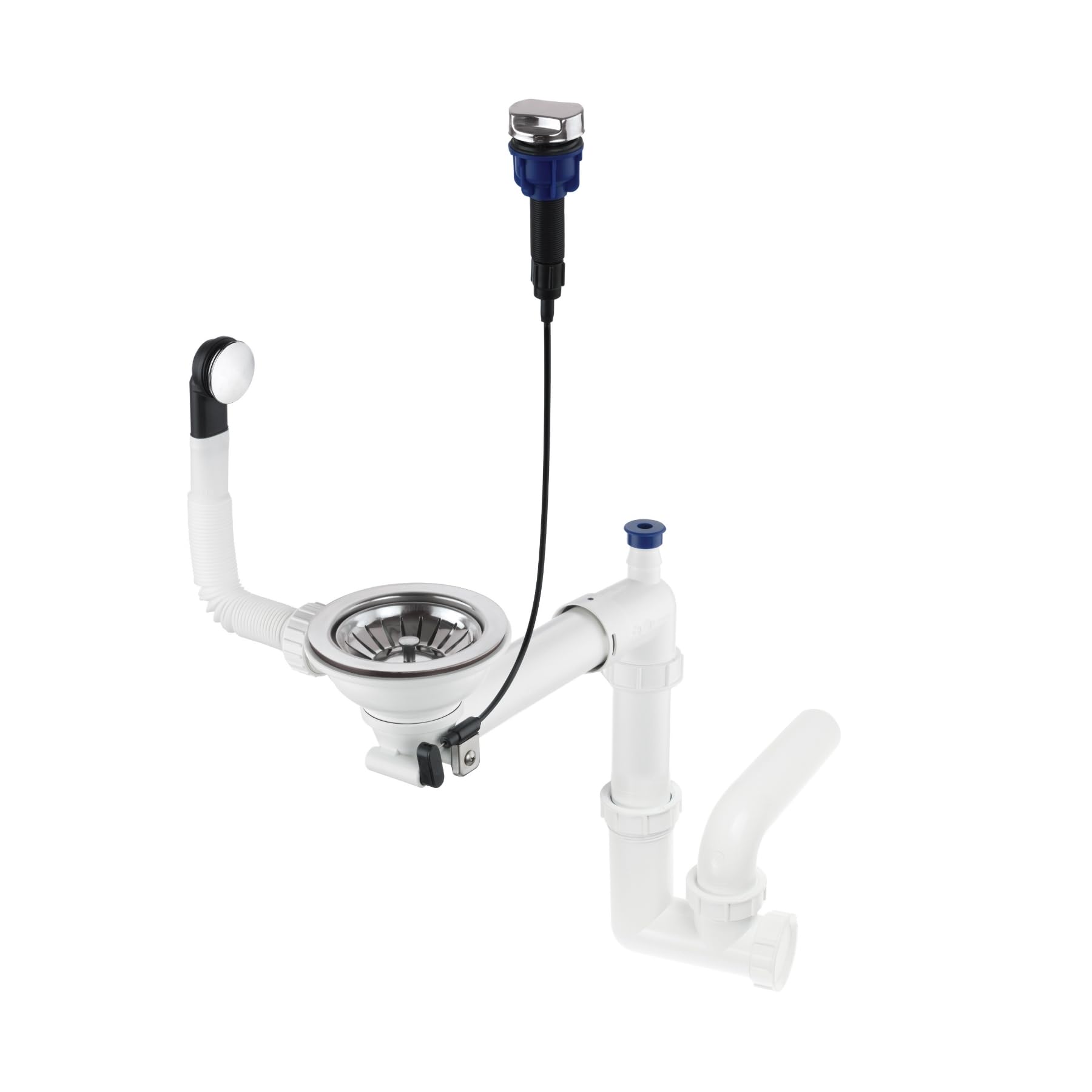 GRANMASTER Sifón automático de 1 cámara con rebosadero, desagüe para fregadero, fabricado en Italia, conexión en la parte inferior: cesta colador de 1 1/2", válvula excéntrica, 30 x 25 x 35 cm