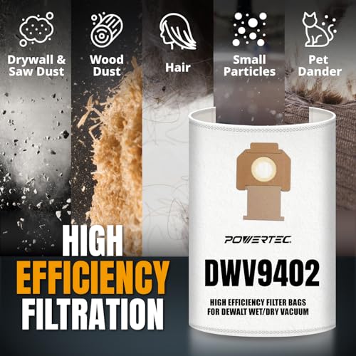 Image of POWERTEC DWV9402 Fleece Bags for Dewalt 5PK, for Dewalt DWV010, DWV012, DWV015 8 & 10 Gallon Dust Extractor, Replacement Shop Vacuum Bags (75029)