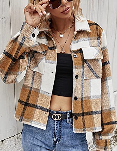 Yeokou Women's Fashion Cropped Flannel Wool Blend Plaid Shacket Long Sleeve Button Down Jackets Coat (Brown, Medium) #TOP1