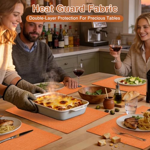 Linen Fabric Placemats Set of 6, Machine Washable, Heat Resistant, Wrinkle Free, Thick Polyester Kitchen Place Mats for Dining Table (Orange) by Rinpon - Used condition - Image 4
