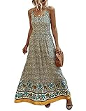 KIRUNDO 2023 Summer Women's Spaghetti Strap Maxi Dress V Neck High Waist Backless Floral Boho Dress Party Beach Dresses(Apricot, Large)