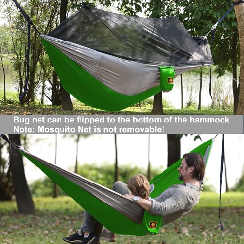 Image of Camping Hammock with Net,Travel Portable Lightweight Hammocks with Tree Straps and Solid D-Shape Carabiners,Parachute Nylon Hammock for Outsides Backpacking Beach Backyard Patio Hiking
