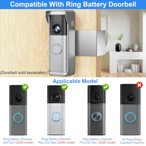 Image of Anti-Theft Doorbell Mount All Metal Compatible with Ring Newest 2026 Battery Doorbell /Plus /Pro, No Drill Wireless Video Camera Doorbell Bracket with Rain Cover for Apartment Rental No Damage (Silver)