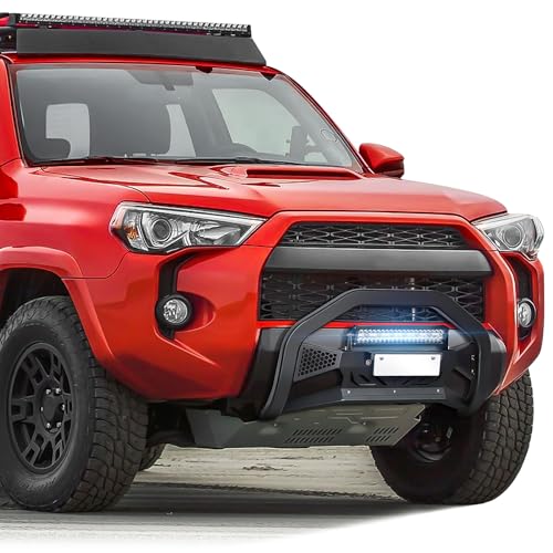 Image of Bull Bar with License Plate Frame & LED Light Bar Compatible with 2010-2024 Toyota 4 Runner, Truck Grille Guard Brush Push Bar Front Bumper (Include Light Mount & Skid Plate)
