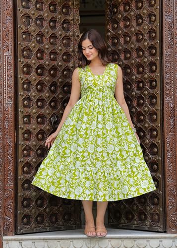 Image of Floral Print Rayon Midi Dress, Sleeveless, Lime Green and White, A-Line Empire Waist