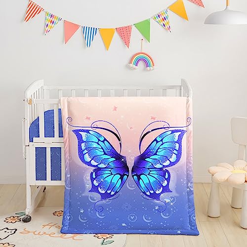 Image of Datura home Crib Bedding Set,3pcs Nursery Crib Bedding with Comforter Crib Sheet & Crib Skirt,Sparkle Blue Butterfly Printed Nursery Bedding for Baby Boys and Girls(Blue Butterfly)