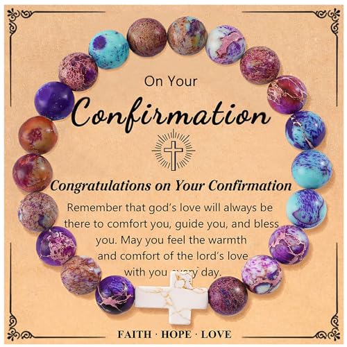 Image of Confirmation Gifts for Teenage Cross Charm Beaded Bracelet for Women /Men Relax Anxiety Jewelry Faith Gifts Catholic Sponsor Gift (Emperor Purple)