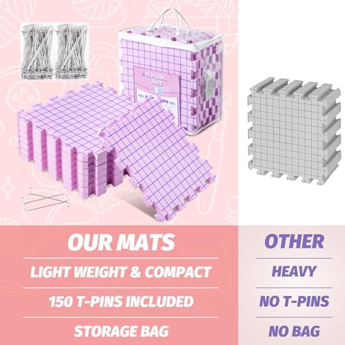 Image of Opstin Knitting Blocking Mats and Pins, Interlocking Blocking Boards for Crochet Projects 0.75'' Extra Thick Blocking Mats with 150 T-Pins and Storage Bag