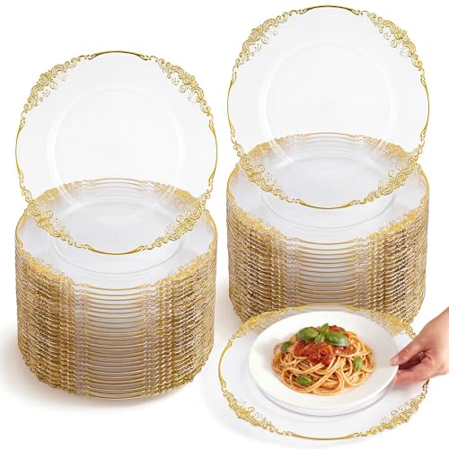 Havawish 50 Pcs Clear Gold 13 Inch Baroque Charger Plates Bulk Sturdy Acrylic Dinner Plates with Elegant Embossed Edge for Wedding Banquet Party Decor and Table Setting