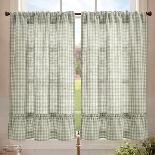Chicplaid Sage Green Gingham Kitchen Curtains with Ruffle, 36'', 2 Panels