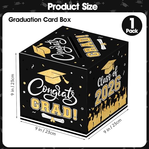 Image of Graduation Card Box 2026 - Congrats Grad Card Boxes Holder, Black and Gold Class of 2026 Gift Cards Box for Graduation Decorations 2026 Favors Party Decor Supplies Props, 9x 9 x 9 inches