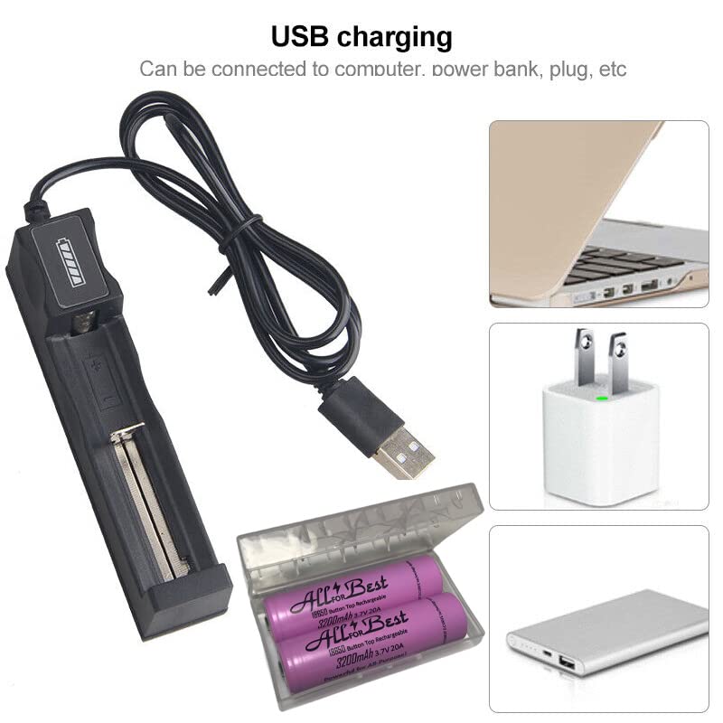 1-Bay USB 18650 Battery Charger for Button Top Rechargeable Battery ALLFORBEST3200 3200mAh (2PCS)
