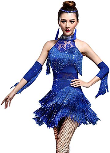 TALENT PRO Women Rhinestone Tassel Flapper Latin Rumba Dance Performance Dress Party Dress 4 Pieces Outfit Royal Blue (X-Large)