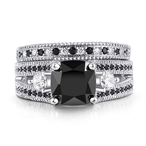 Double Fair Womens White or Black Gold Plated Cushion Cut CZ Engagement Promise Anniversary Ring Sets