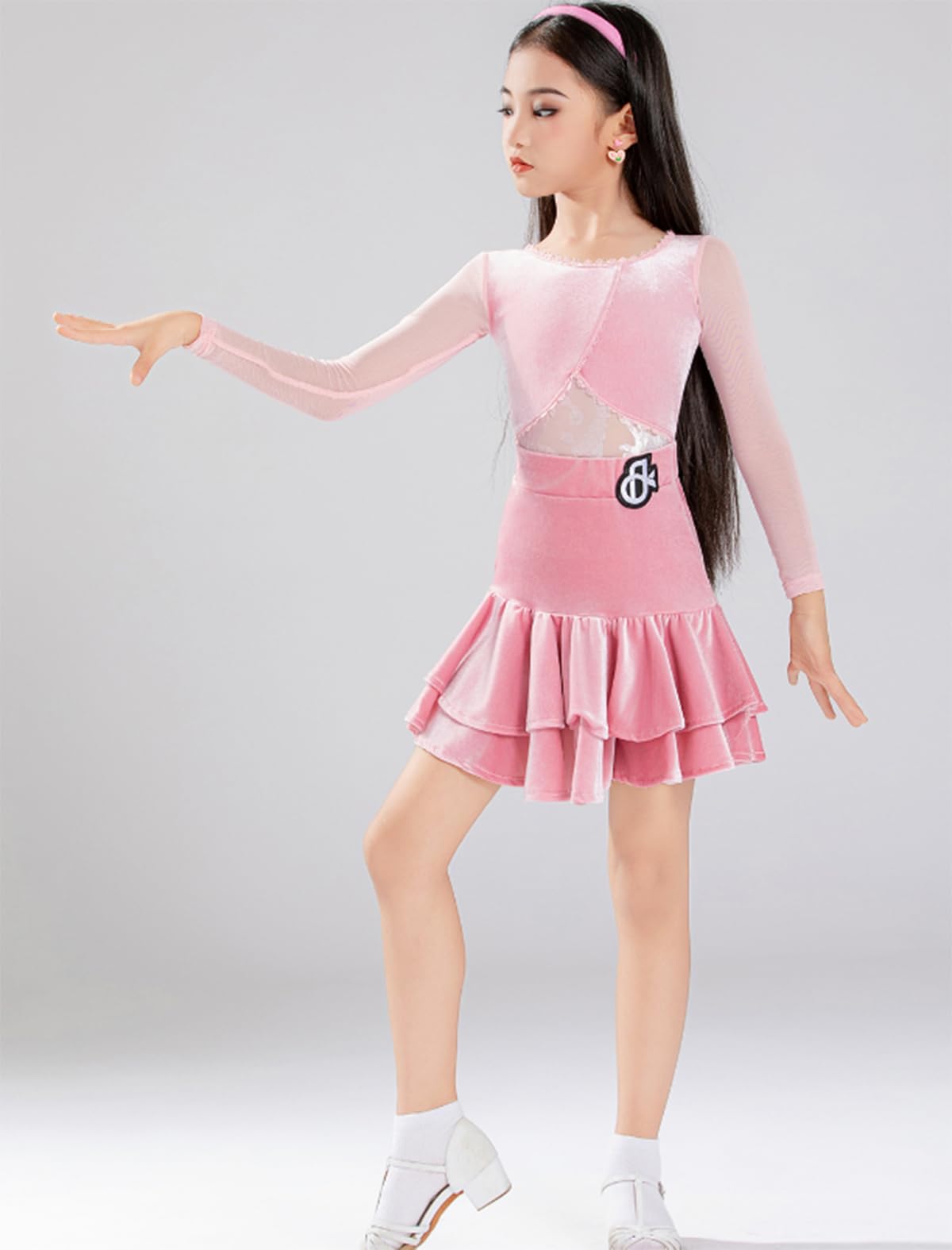 Lateintanz-Wettbewerbsoutfit für Mädchen, Samt-Tanzkleid mit Langen Ärmeln, Kinder-Cha-Rumba-Tanztrainings- und Wettkampfkleidung