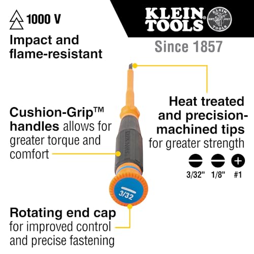 Image of Klein Tools 6273INS Insulated Precision Screwdriver, 1 /16-Inch Mini Electrician Screwdriver, 1000-Volt Cushion Grip Handle