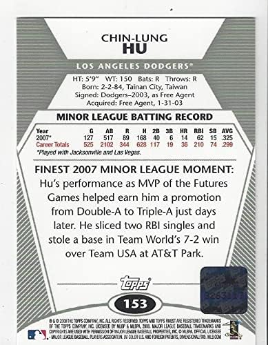 Chin-Lung Hu Autographed Rookie Card Collectible Baseball Card - 2008 Topps Finest Baseball Card #153 (Los Angeles Dodgers) Free Shipping