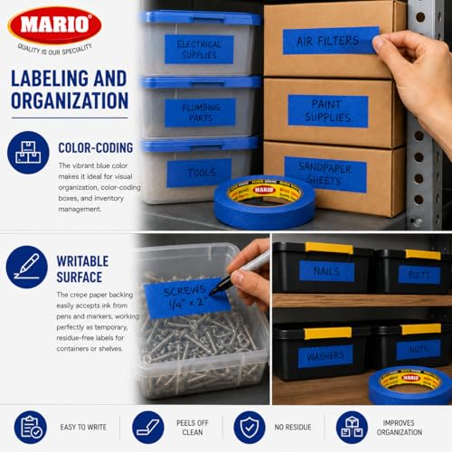 Image of Mario Blue Masking Tape - 20 Meter Length, 12mm Width - Adhesive Tape for Painting, DIY, Carpenter, Labelling & Art Craft - Clean Peel, No Residue - Pack of 6 Rolls