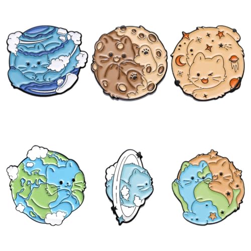TAdibu Cat Brooch Set - Environmental Protection Theme Planet Shape Enamel Pins - Cartoon Animal Badge Accessories for DIY Crafts