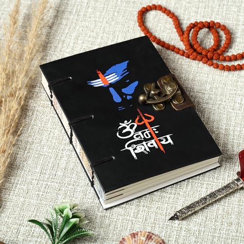 Image of Purpledip Paper Vintage Diary Journal 'Om Namah Shivay': Handmade Paper, Hard Bound, Unique Lock, Eco Friendly Notepad, 7 * 5 Inches, 144 Unruled Pages (12734)