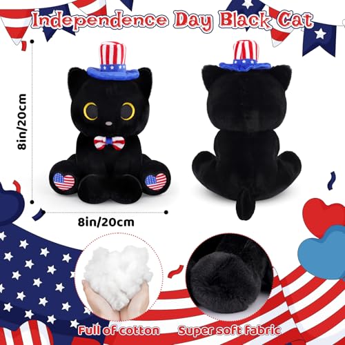 Image of Black Cat Plush with Patriotic Bow Hat for Kids | Cat Stuffed Animal Red White and Blue Plushies, Kawaii Birthday Gift Decorations, 8inch