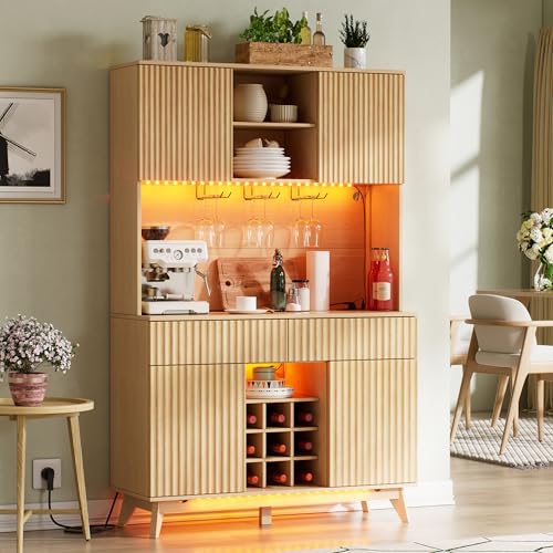 PAKASEPT 70" Fluted Kitchen Pantry Storage Cabinet with Charging Station and LED Light, Farmhouse Kitchen Hutch with Microwave Stand, Drawers and 9 Grid Wine Rack for Home, Dining Room, White