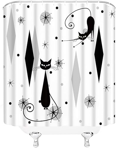 Miniatura 7 de GCTNBJL Cortina de ducha geométrica moderna de mediados de siglo, gato negro, estrellas atómicas, abstracto, rosa, negro, geométrico, retro, de los
