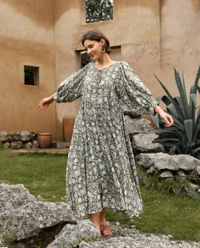 Image of Casual Summer Dresses for Women Deep V Puff Sleeve Boho Midi Floral Dress