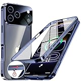 NIANGUO【ロック機能付き・自動ポップアップボタン】 iPhone17 Pro 用 ケース クリア 【両面強化ガラス】 9H硬度 【一体型レンズ保護】 アイフォン17プロ カバー アルミバンパー メタルフレーム 耐衝撃 傷防止 高感度タッチ 薄型 軽量 ワイヤレス充電対応 ストラップホール付き iPhone17 Pro 用 ケース 6.3インチ（ディープブルー）