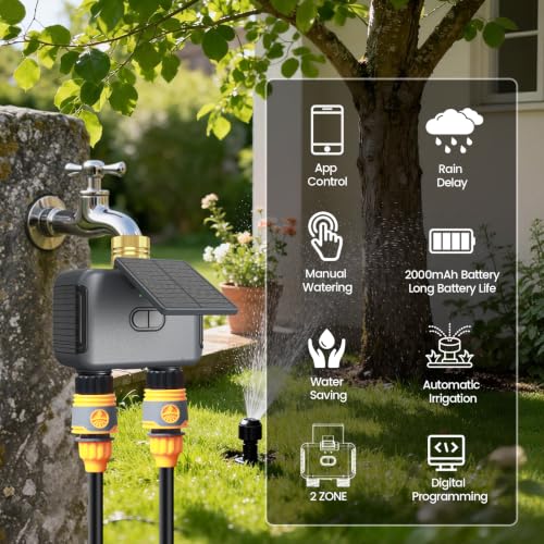 2-Zone Smart WiFi Water Timer, Solar Garden Hose Timer, 2000mAh Battery - Image 2
