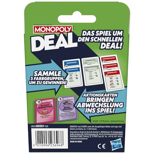 Monopoly Deal Kartenspiel, der Klassiker in der schnellen Version, Strategiespiel für Erwachsene und Kinder, ideal für unterwegs, Geschenk, oder Wichteln